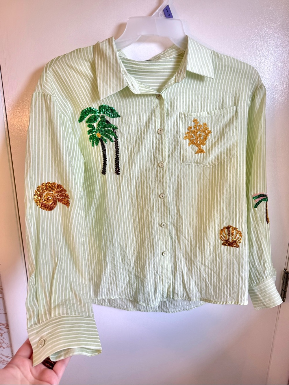Anewsta Striped Cropped Button Down in Green & White